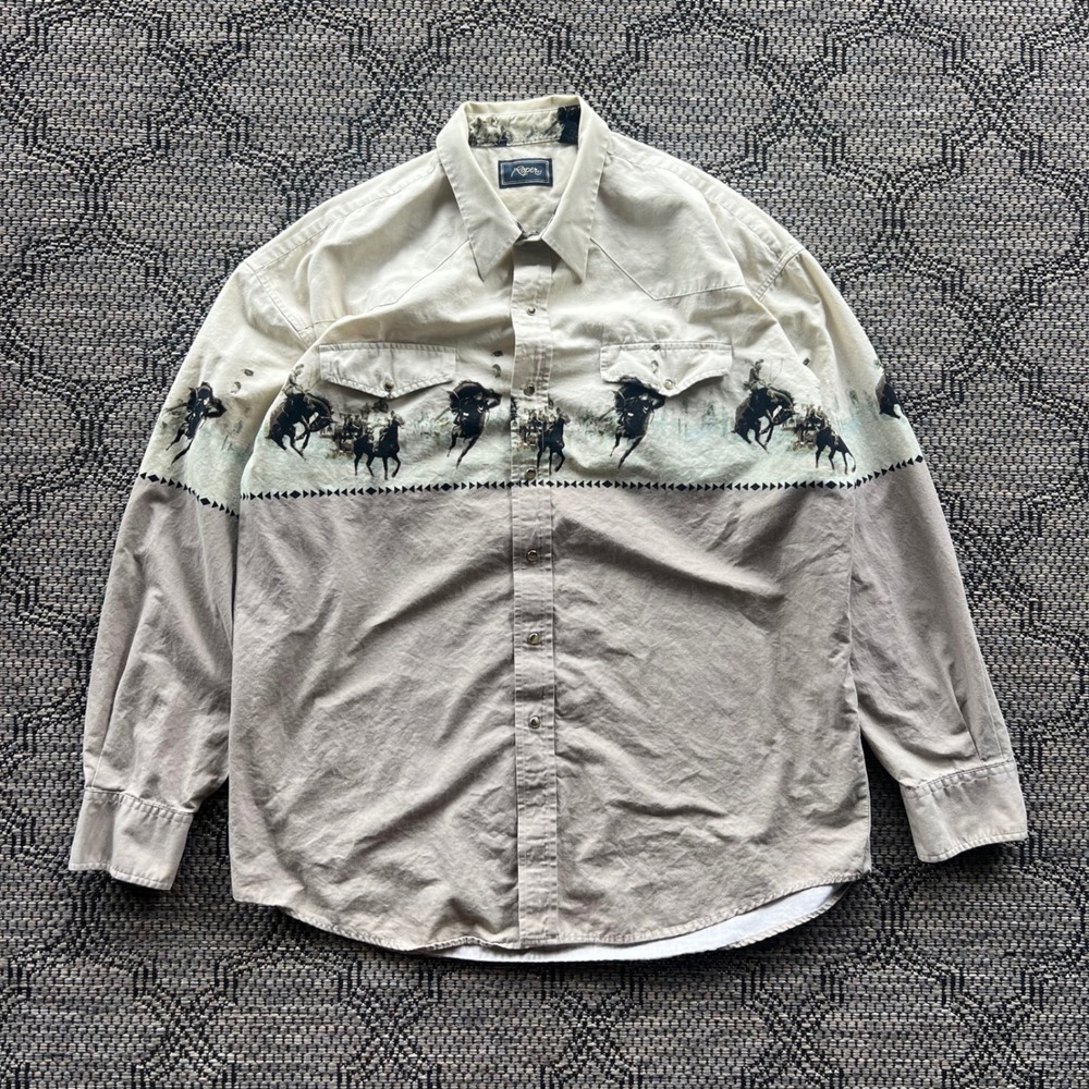 Vintage Roper Shirt Mens XL Beige Horse Rodeo Western Rodeo Pearl Snap Cowboy